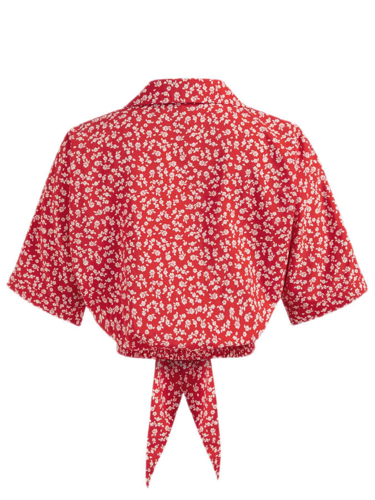 Rot 1950er Kleine Blumen Revers Bogen Top