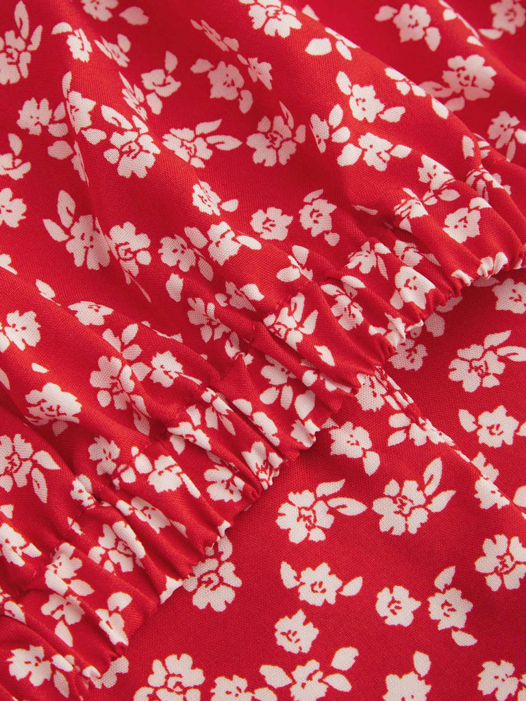Rot 1950er Kleine Blumen Revers Bogen Top