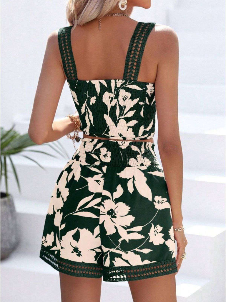 2PCS 1960er Blumen Gesmokt Breite Träger Leibchen & Shorts