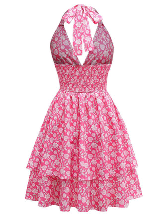 Pfirsichrosa 1960er Gesmokt Blumen Halter Kleid