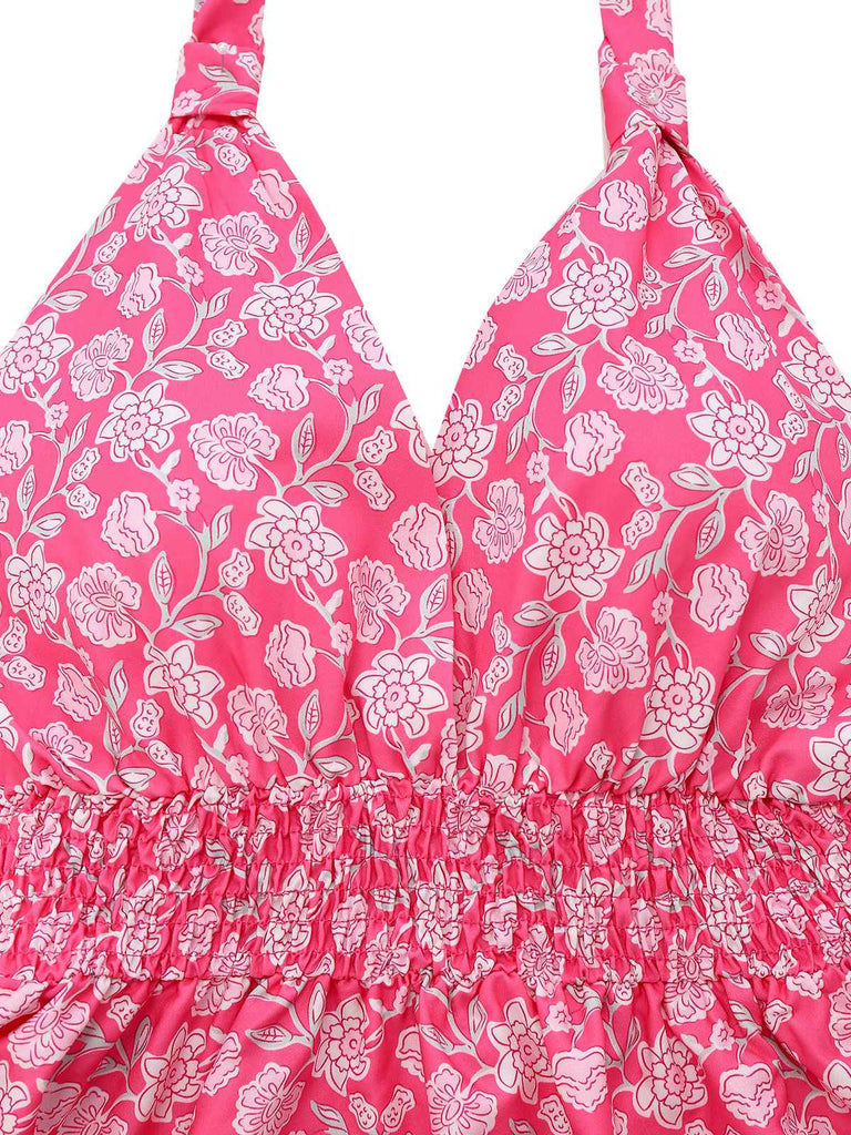 Pfirsichrosa 1960er Gesmokt Blumen Halter Kleid
