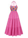 Rosenrot 1970er Halfter Plaids Blumen Kleid