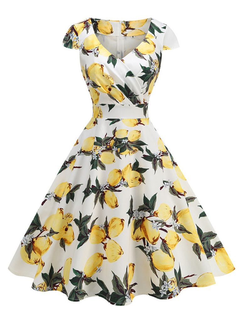 Gelb 1950er Surplice V-Ausschnitt Zitrone Kleid