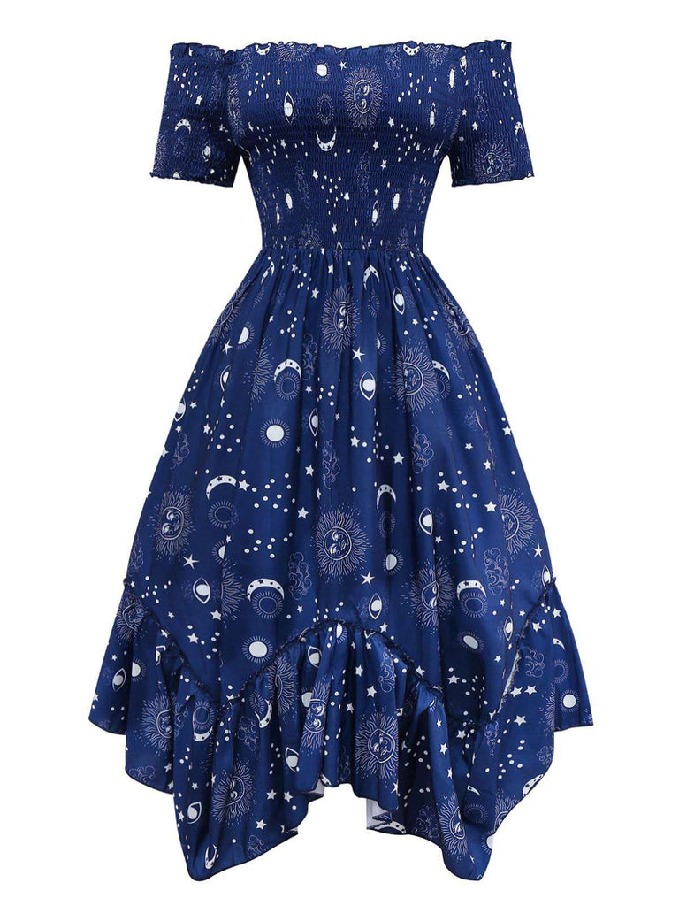 Blau 1950er Sterne Mond Irregulär Saum Schulterfrei Kleid