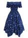 Blau 1950er Sterne Mond Irregulär Saum Schulterfrei Kleid