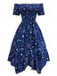 Blau 1950er Sterne Mond Irregulär Saum Schulterfrei Kleid