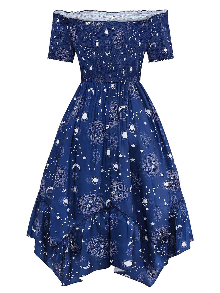 Blau 1950er Sterne Mond Irregulär Saum Schulterfrei Kleid