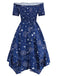 Blau 1950er Sterne Mond Irregulär Saum Schulterfrei Kleid