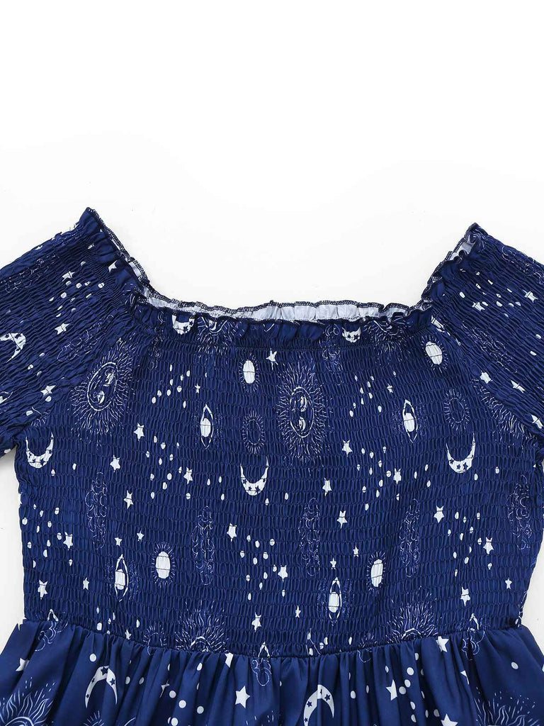Blau 1950er Sterne Mond Irregulär Saum Schulterfrei Kleid
