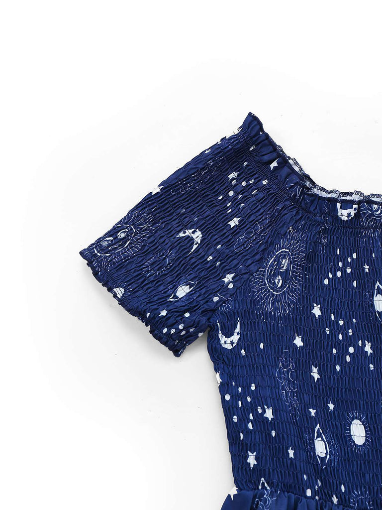 Blau 1950er Sterne Mond Irregulär Saum Schulterfrei Kleid