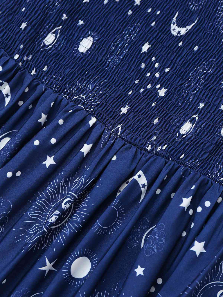 Blau 1950er Sterne Mond Irregulär Saum Schulterfrei Kleid