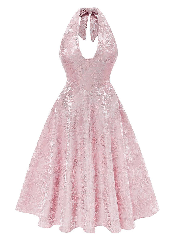 1950er Solide Halfter Tief V-Ausschnitt Jacquard Gedruckt Kleid