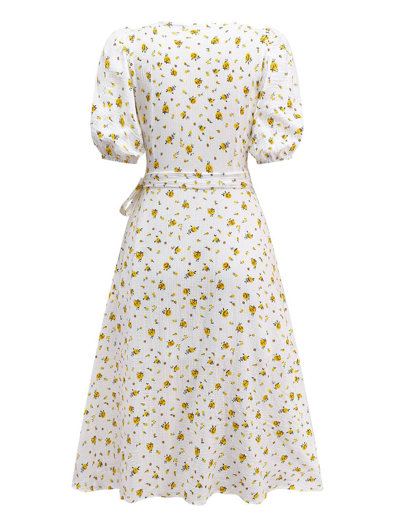 Weiß 1940er Kleine Blumen Baumwolle Wickel Kleid