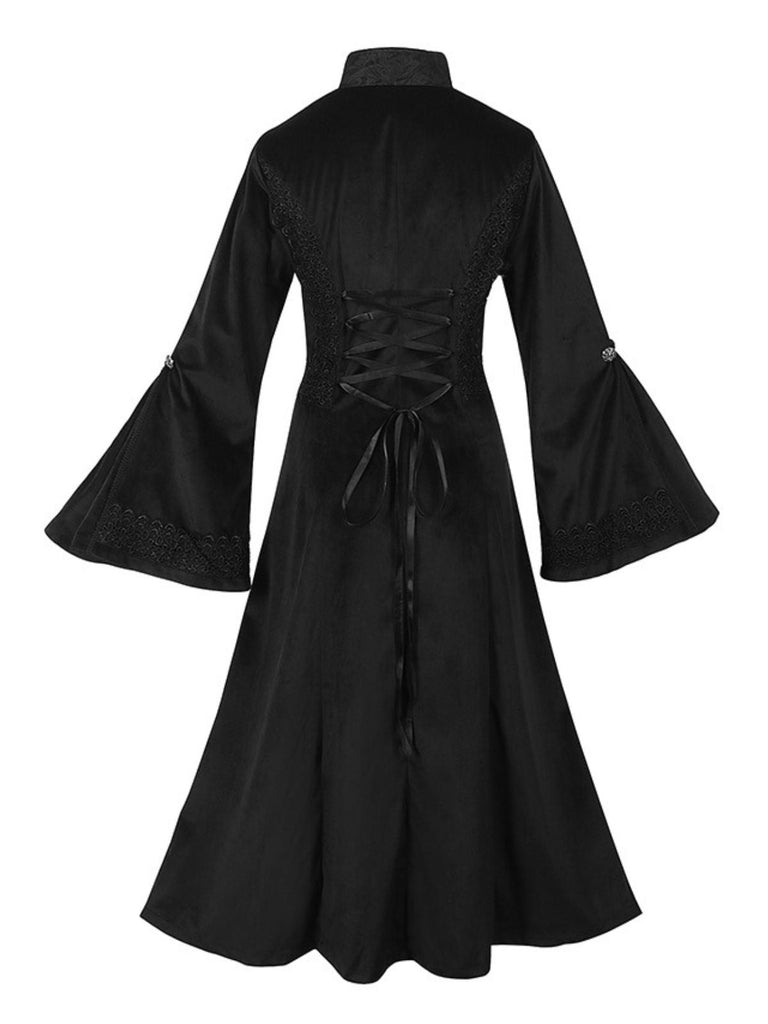 Schwarz 1950er Gothic Revers Glockenärmel Spitze Mantel