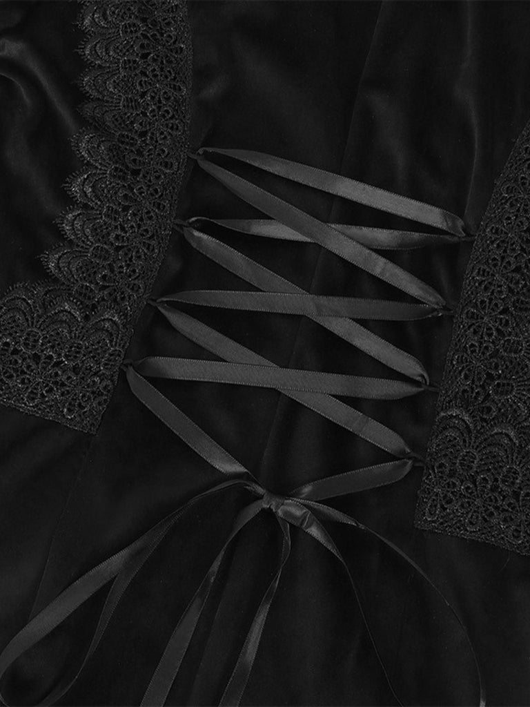 Schwarz 1950er Gothic Revers Glockenärmel Spitze Mantel