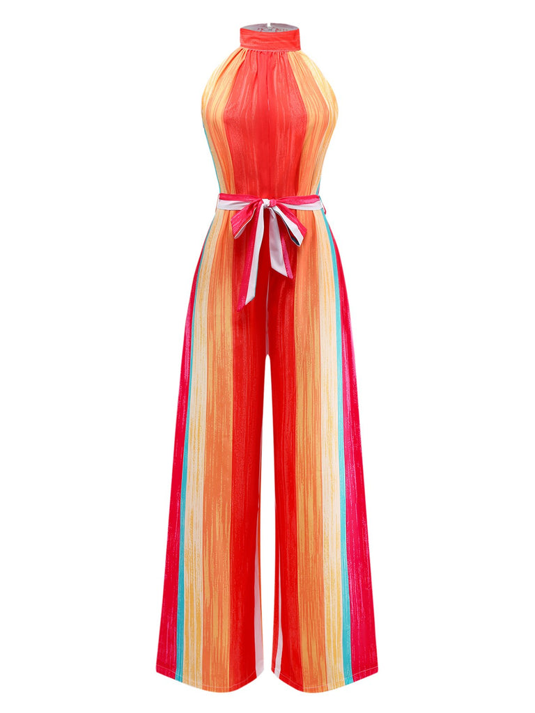 Multicolor 1960er Runden Halter Gürtel Streifen Jumpsuit