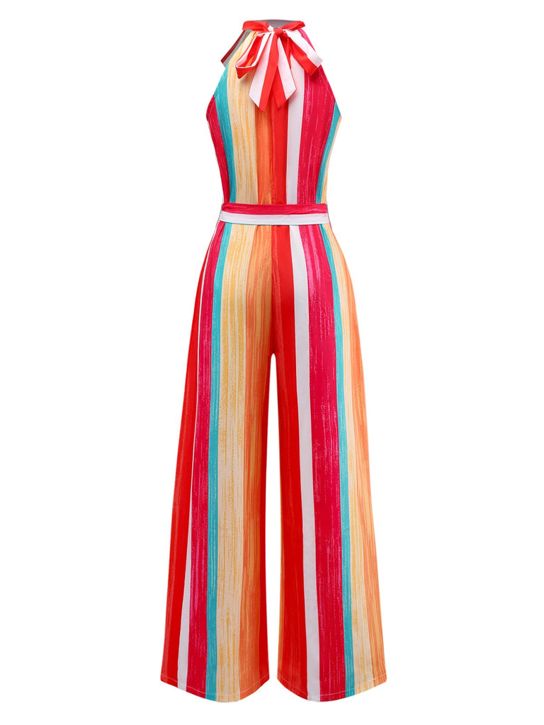 Multicolor 1960er Runden Halter Gürtel Streifen Jumpsuit