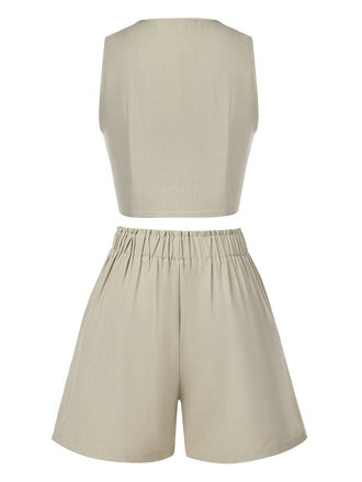 2PCS Helles Khaki 1950er Solide V-Ausschnitt Weste & Shorts