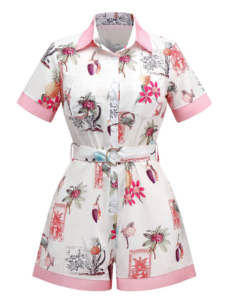 Rosa 1950er Ananas Blume Gürtel Revers Romper