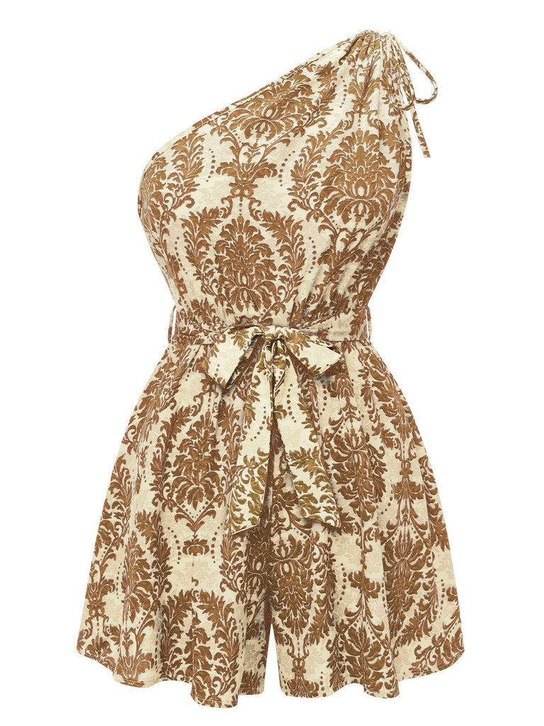 Braun 1950er Blumen Print Eine Schulter Romper