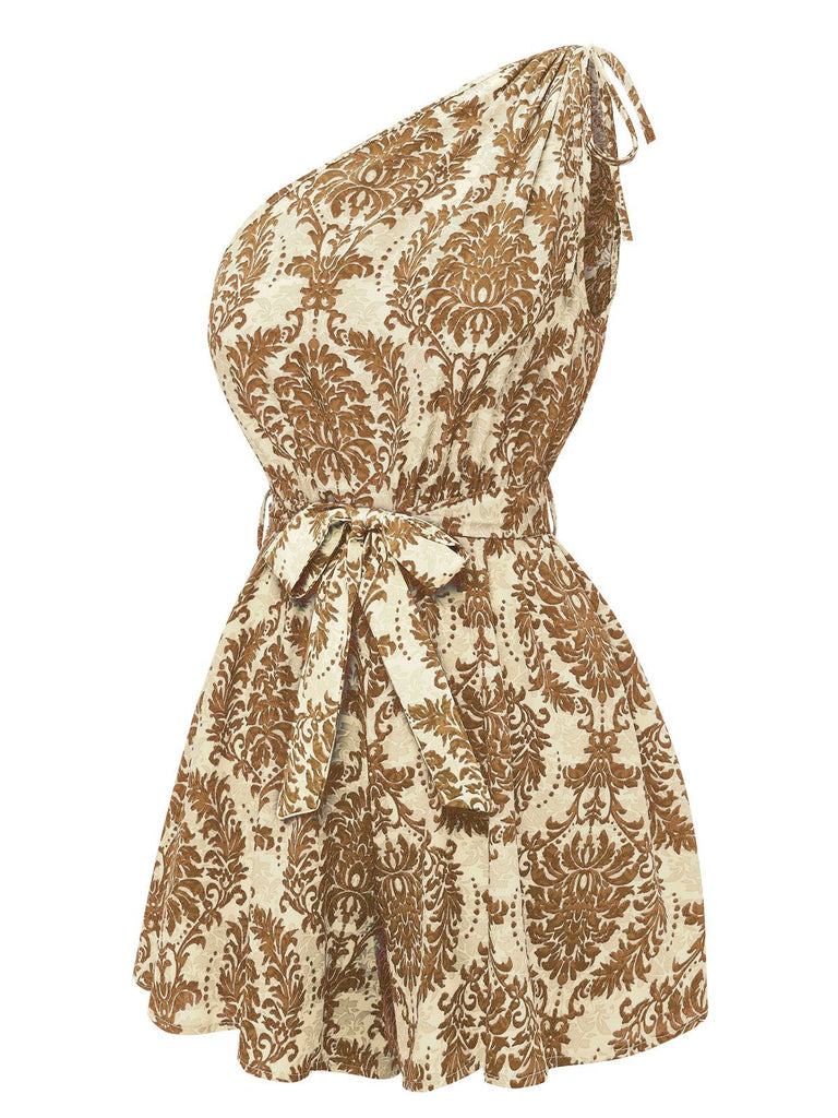 Braun 1950er Blumen Print Eine Schulter Romper