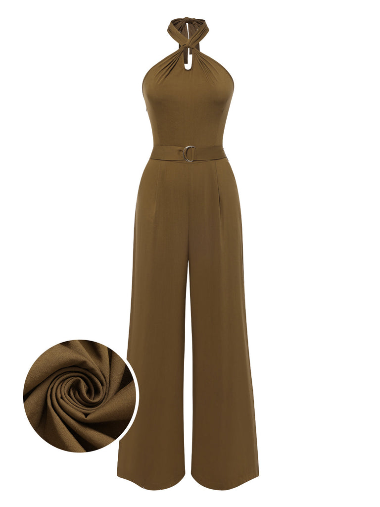 [Vorverkauf] Grün 1950er Solide Kreuz-Halfter Tailliert Jumpsuit