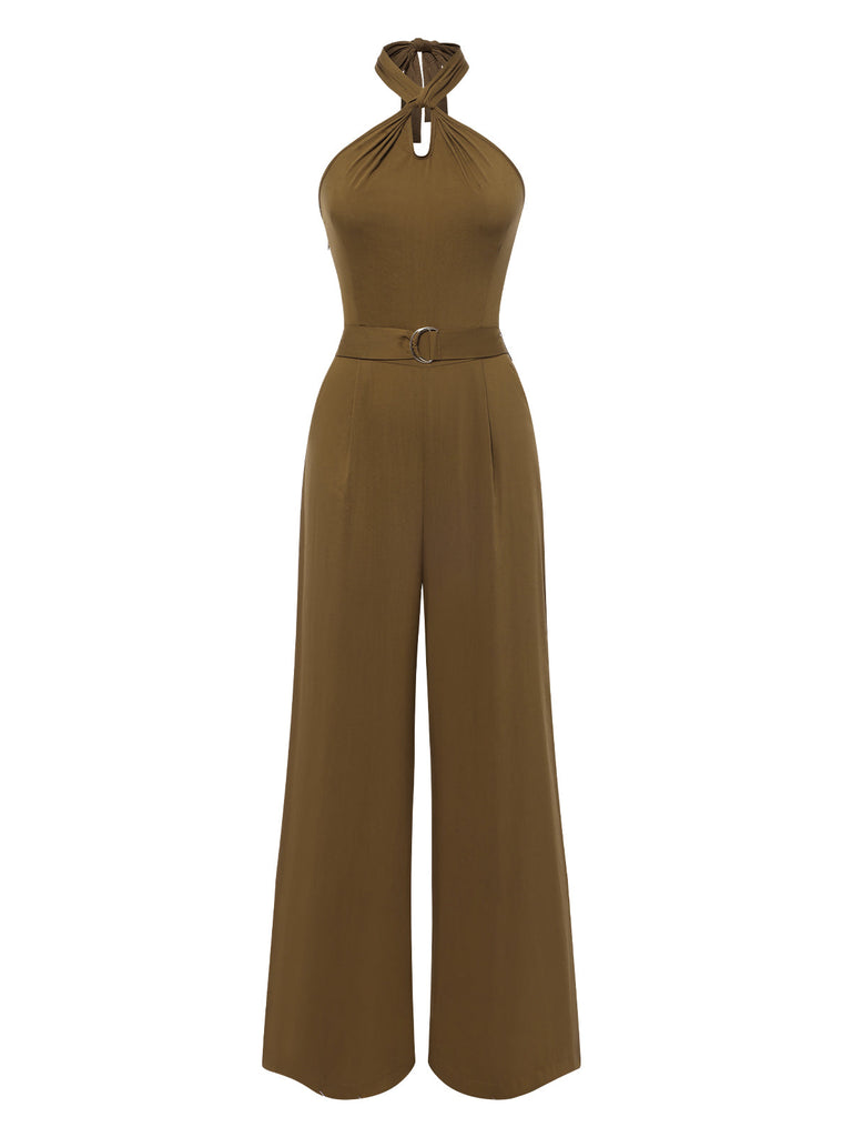 [Vorverkauf] Grün 1950er Solide Kreuz-Halfter Tailliert Jumpsuit