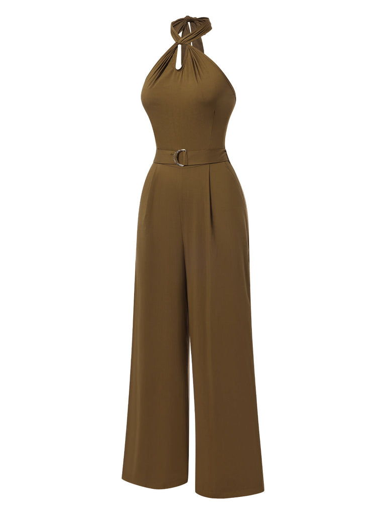 [Vorverkauf] Grün 1950er Solide Kreuz-Halfter Tailliert Jumpsuit