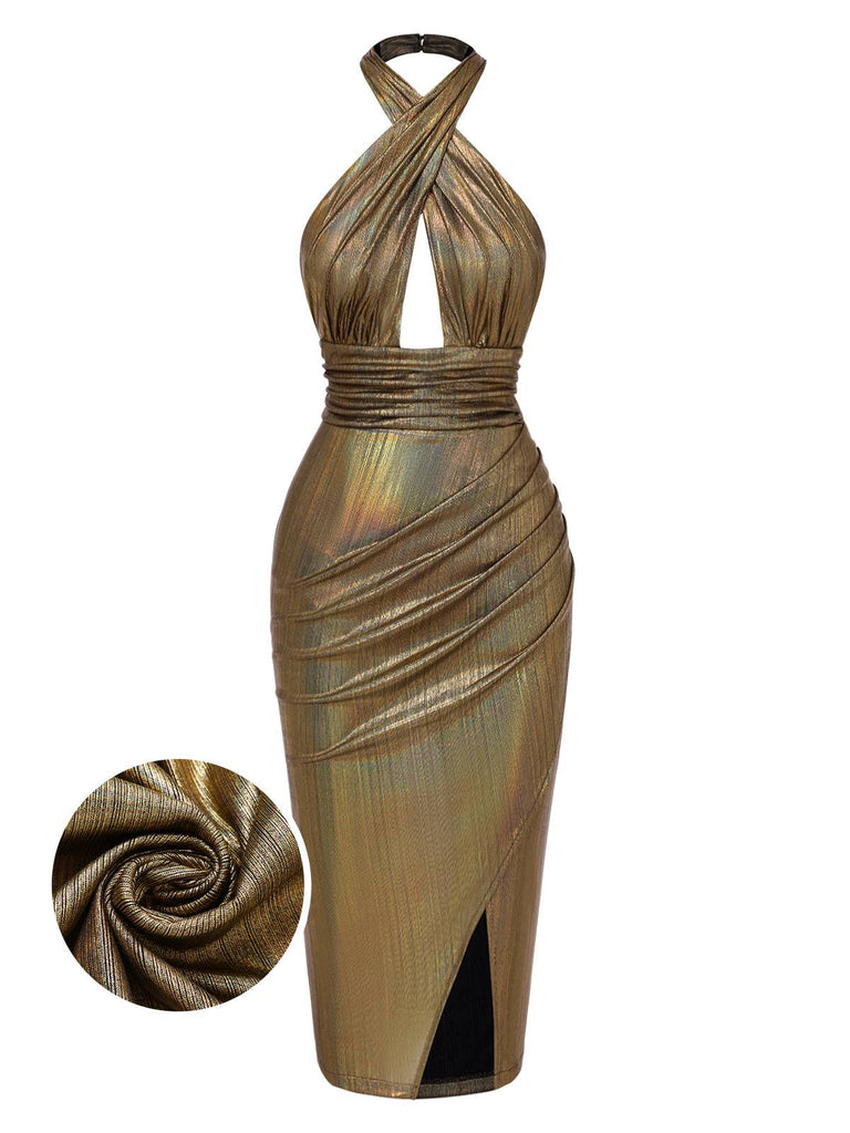 [Vorverkauf] Gold 1970er Cross Halfter Glitzer Enges Kleid
