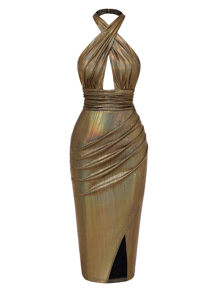 [Vorverkauf] Gold 1970er Cross Halfter Glitzer Enges Kleid