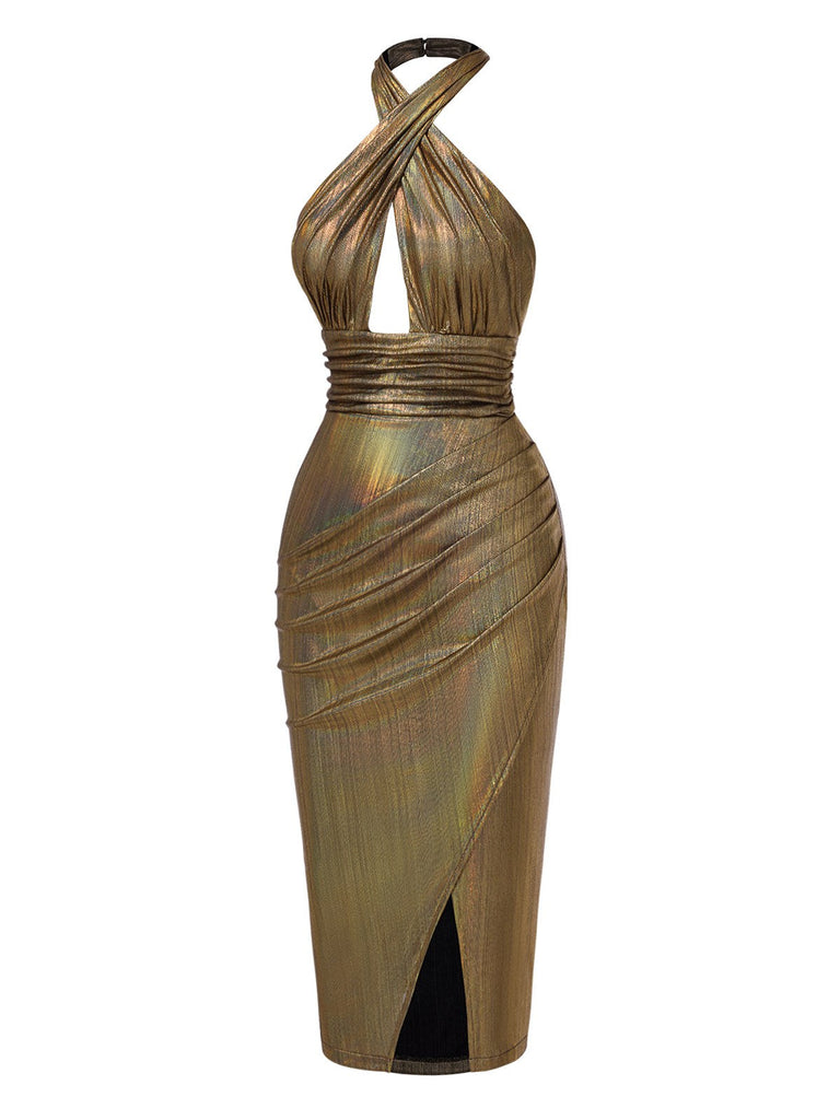 [Vorverkauf] Gold 1970er Cross Halfter Glitzer Enges Kleid