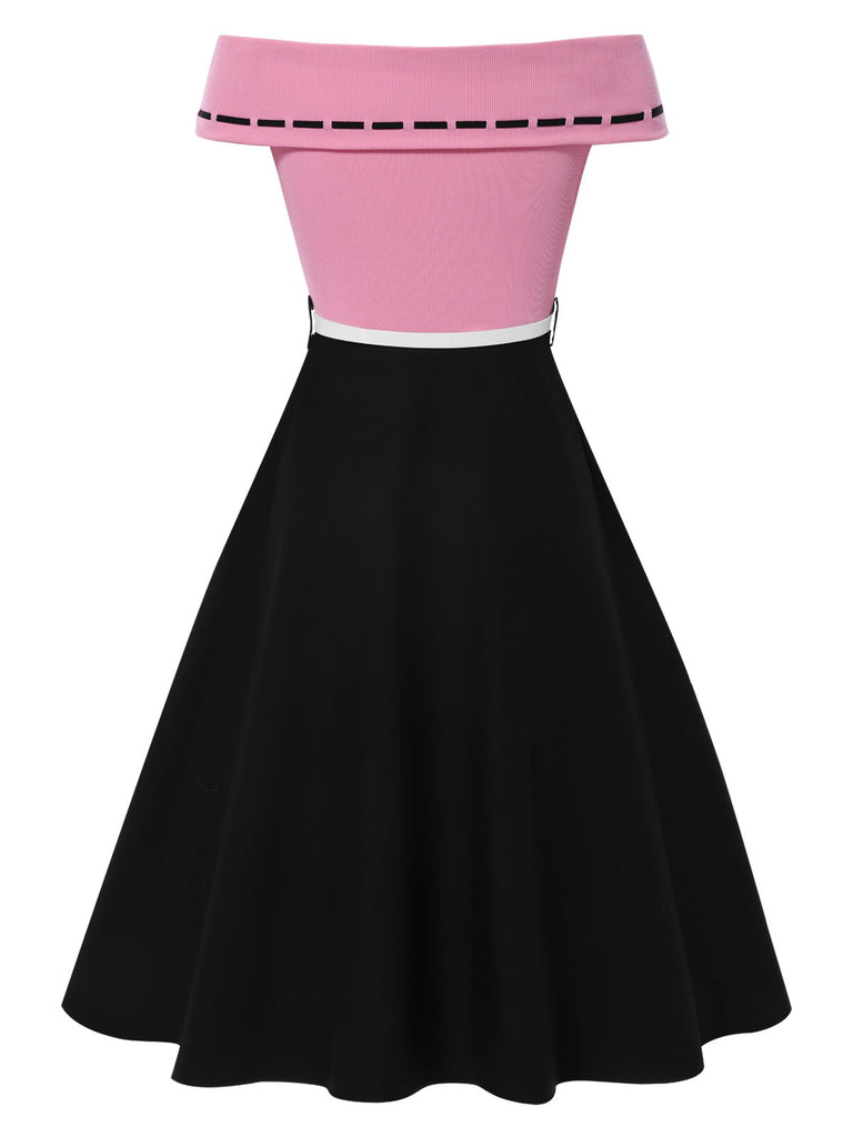 [Vorverkauf] Schwarz & Rosa 1950er Schulterfrei Bogen Patchwork Kleid