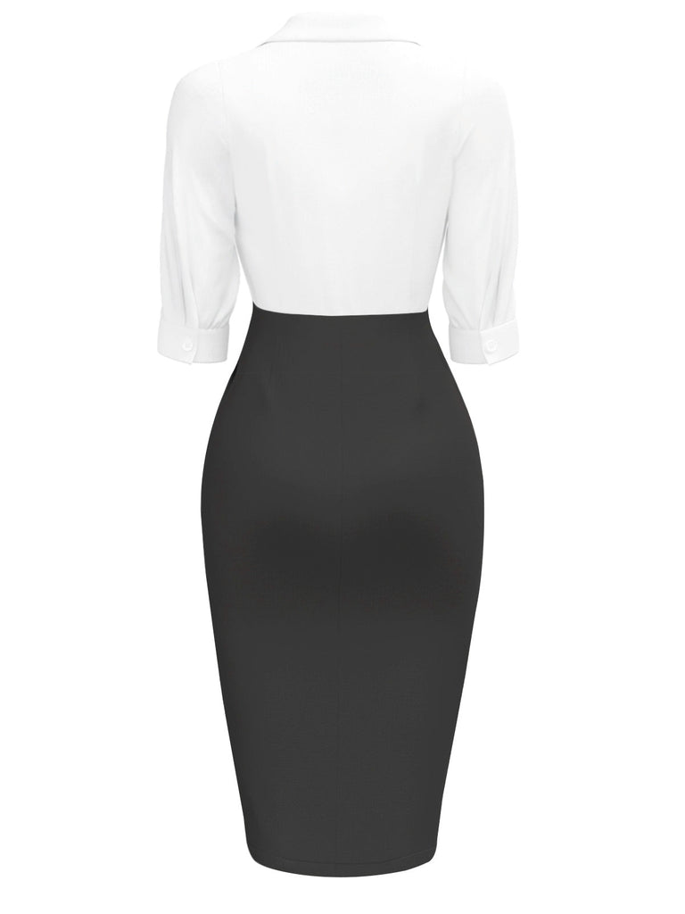 Weiß & Schwarz 1960er Kerbkragen Gerüschtes Enges Kleid