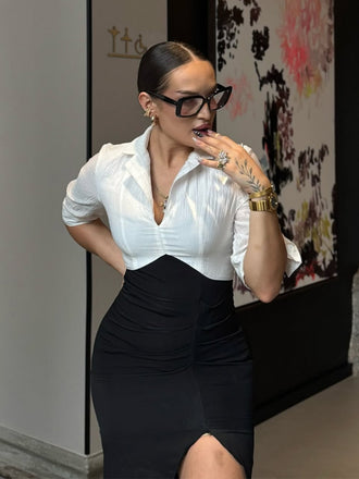 Weiß & Schwarz 1960er Kerbkragen Gerüschtes Enges Kleid