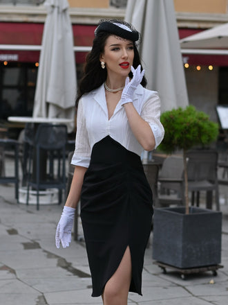 Weiß & Schwarz 1960er Kerbkragen Gerüschtes Enges Kleid