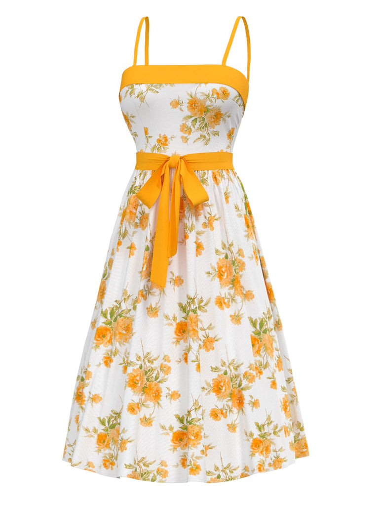 [Vorverkauf] Chartreuse 1940er Blumen Spaghetti Träger Gürtel Kleid
