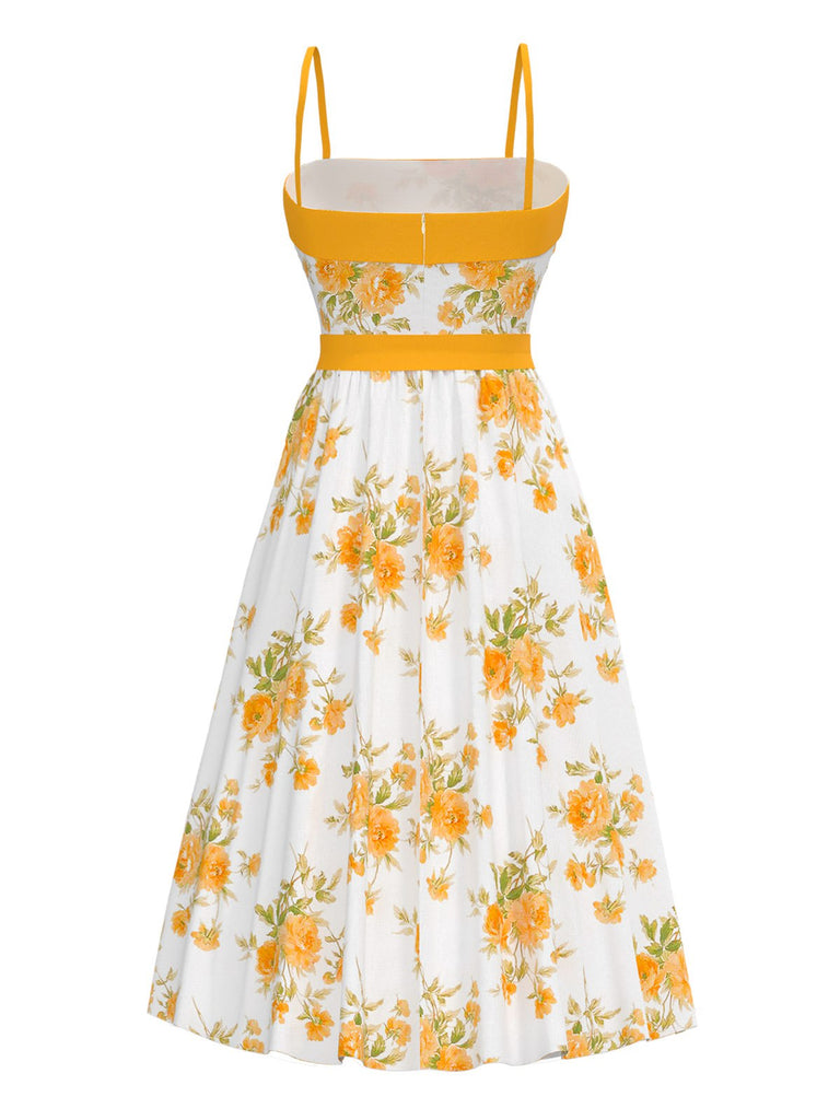 [Vorverkauf] Chartreuse 1940er Blumen Spaghetti Träger Gürtel Kleid