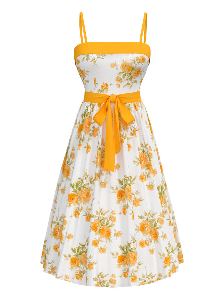 [Vorverkauf] Chartreuse 1940er Blumen Spaghetti Träger Gürtel Kleid