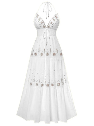 1930er Besticktes Blumen Tief V-Ausschnitt Texturiert Kleid