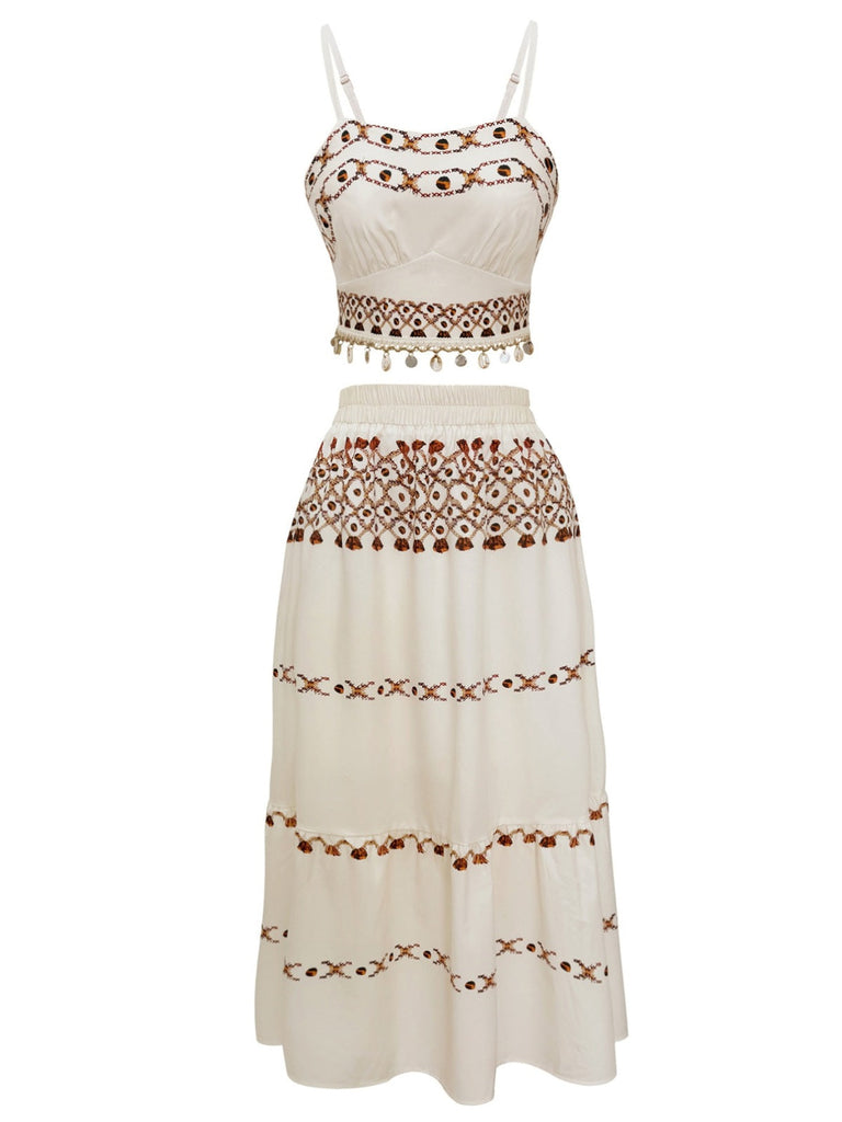 2PCS Beige 1970er Bohemien Fransenriemen Top & Rock