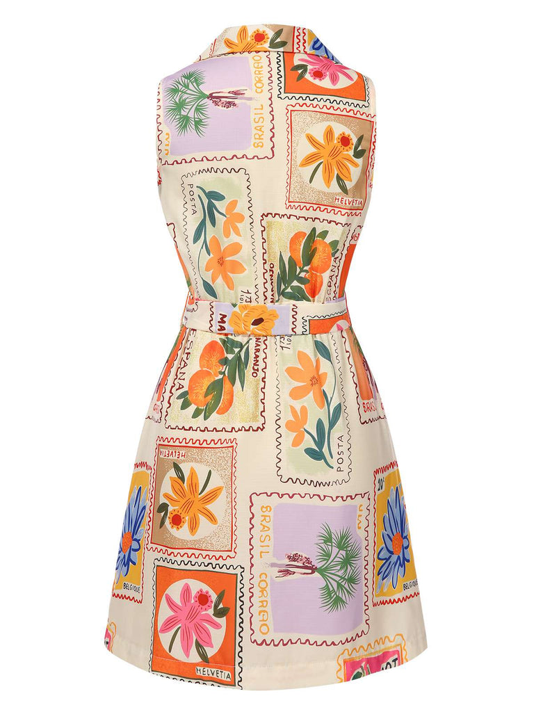 Multicolor 1960er Kerbkragen Blumen Stempel Kleid