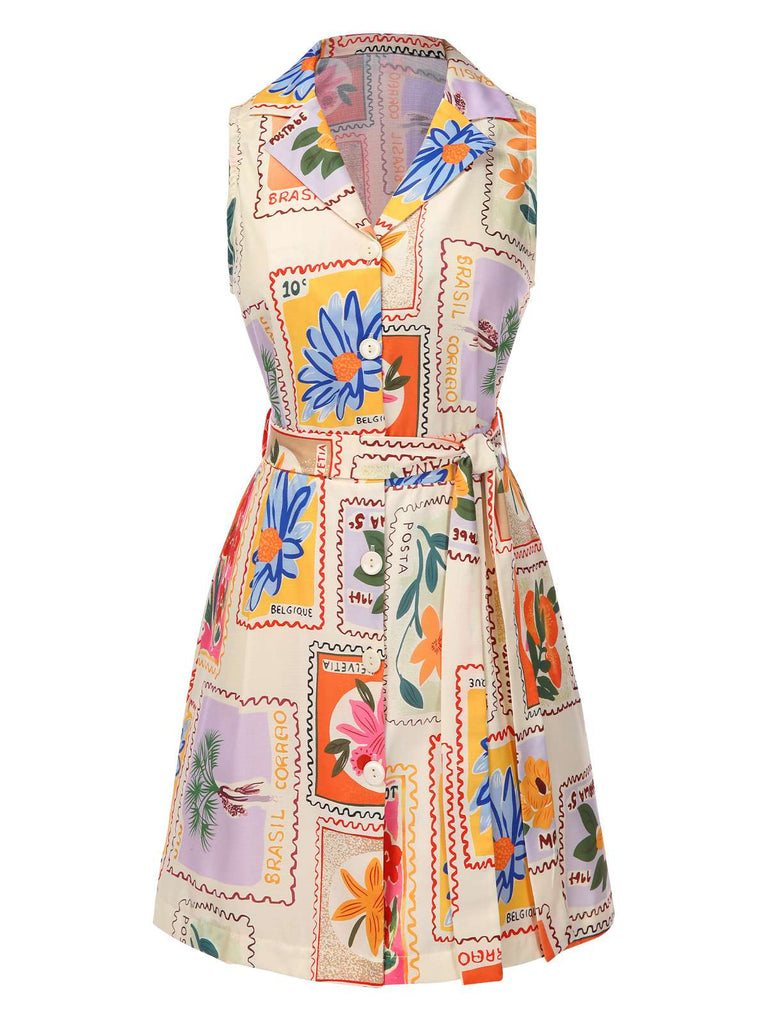Multicolor 1960er Kerbkragen Blumen Stempel Kleid