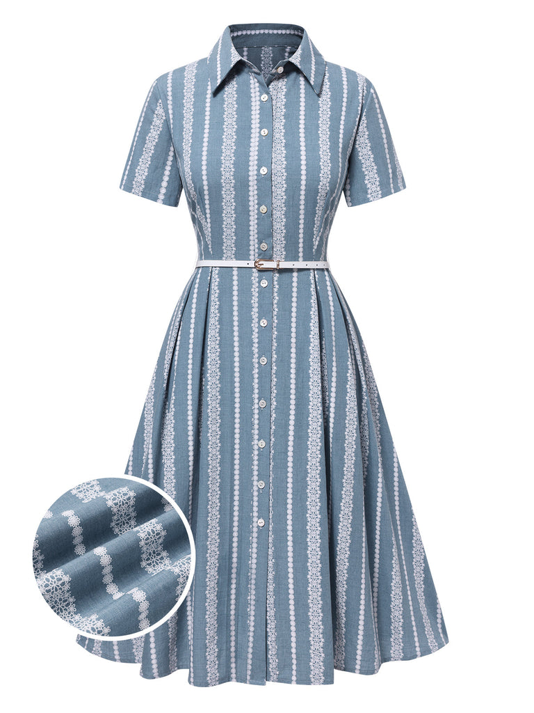 [Vorverkauf] Blau 1950er Geometrisch Print Revers Kleid
