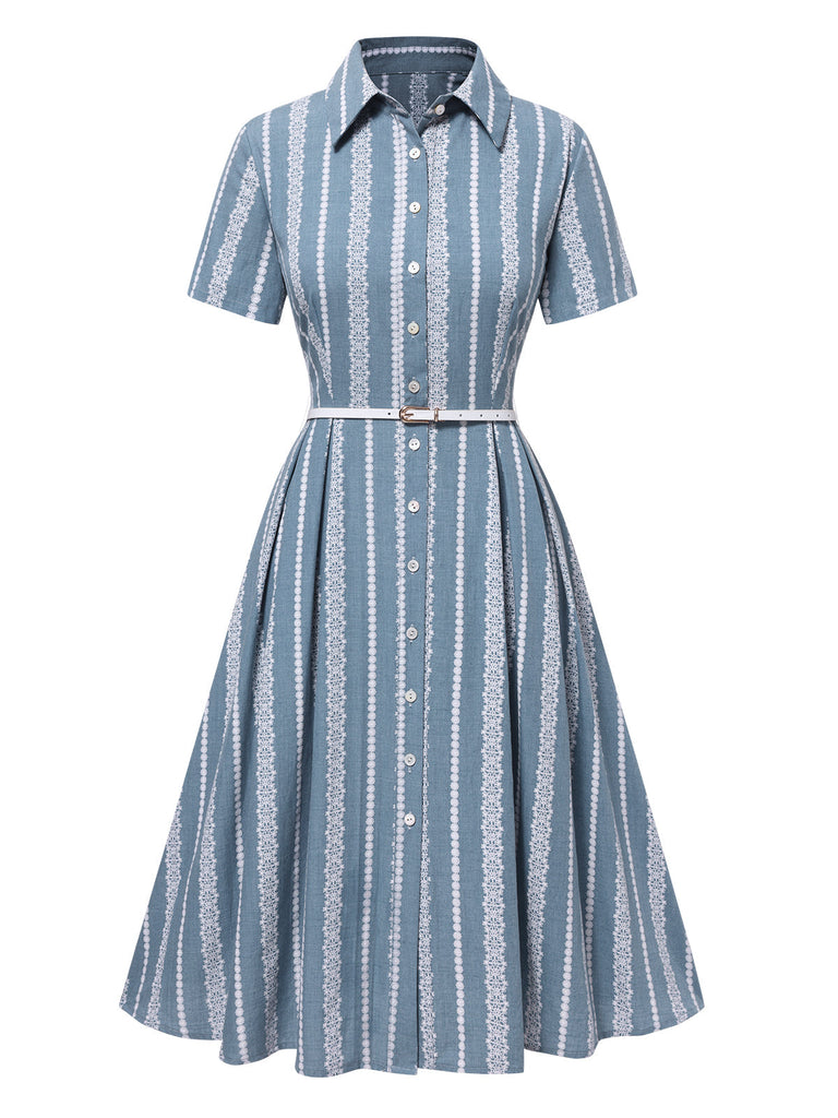 [Vorverkauf] Blau 1950er Geometrisch Print Revers Kleid