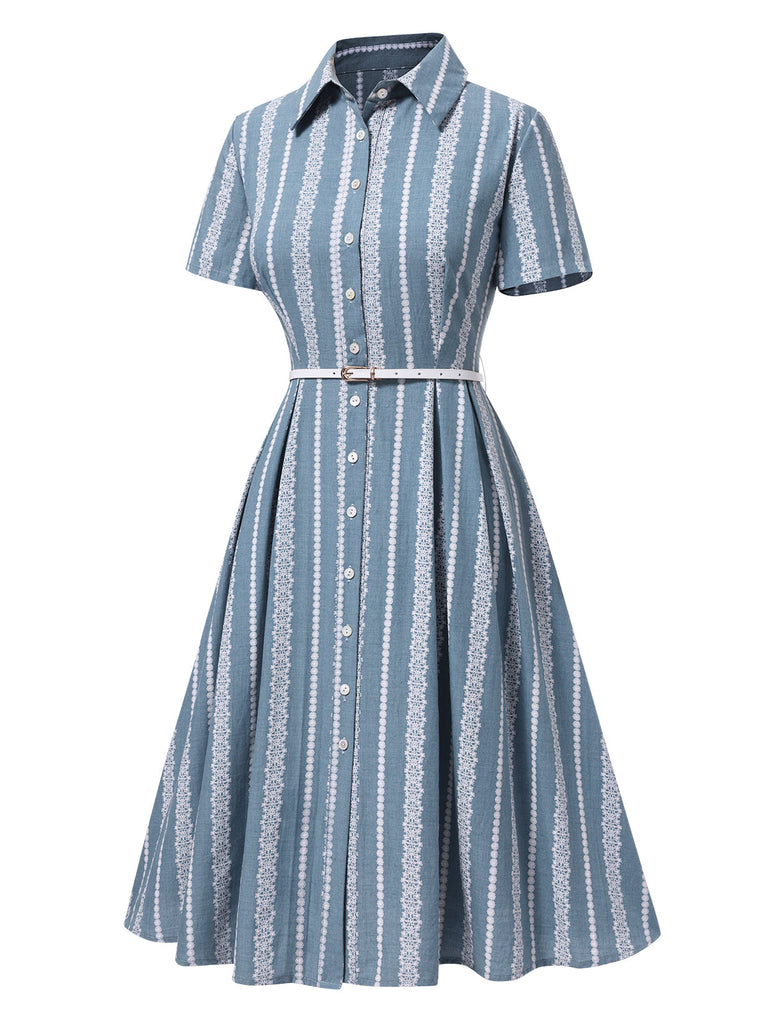 [Vorverkauf] Blau 1950er Geometrisch Print Revers Kleid