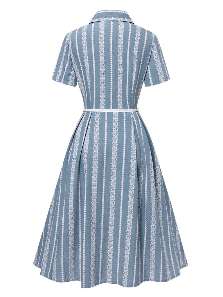 [Vorverkauf] Blau 1950er Geometrisch Print Revers Kleid