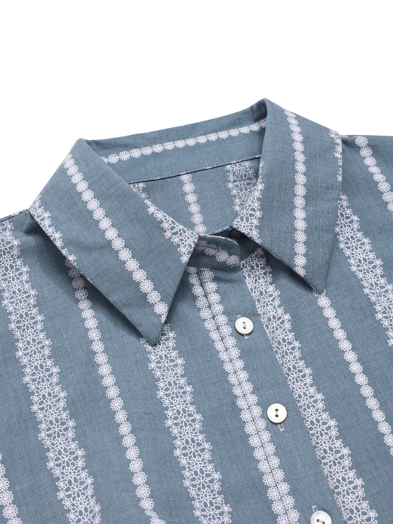 [Vorverkauf] Blau 1950er Geometrisch Print Revers Kleid