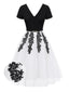 [Vorverkauf] Schwarz & Weiß 1950er V-Ausschnitt Gestickt Netz Patchwork Kleid