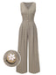 [Vorverkauf] Braun 1930er Kariert V-Ausschnitt Ärmellos Tasten Jumpsuit