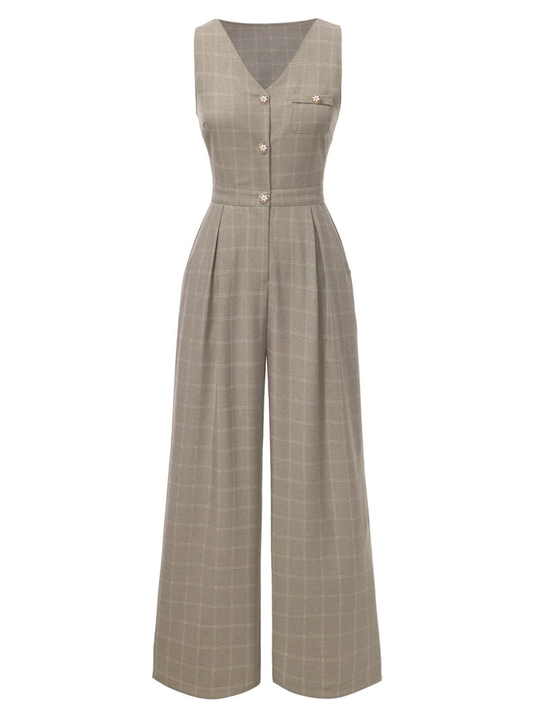 [Vorverkauf] Braun 1930er Kariert V-Ausschnitt Ärmellos Tasten Jumpsuit